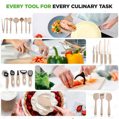 NutriChef 75-Piece Ceramic Nonstick Cookware & Bakeware Set with Utensils, Knives & Kitchen Gadgets – Taupe NCCW75TBR