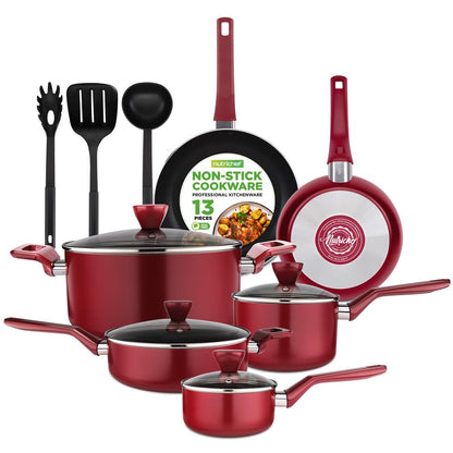 NutriChef 13-Piece Nonstick Cookware Set – Pots, Pans & Utensils, Cool-Touch Handles NCCWA13RD