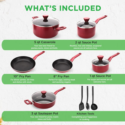 NutriChef 13-Piece Nonstick Cookware Set – Pots, Pans & Utensils, Cool-Touch Handles NCCWA13RD