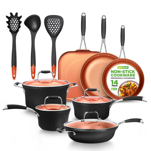 NutriChef 14‑Piece Copper Nonstick Cookware Set with Utensils – Hard‑Anodized Pots & Pans NCCWALN14