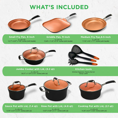 NutriChef 14‑Piece Copper Nonstick Cookware Set with Utensils – Hard‑Anodized Pots & Pans NCCWALN14