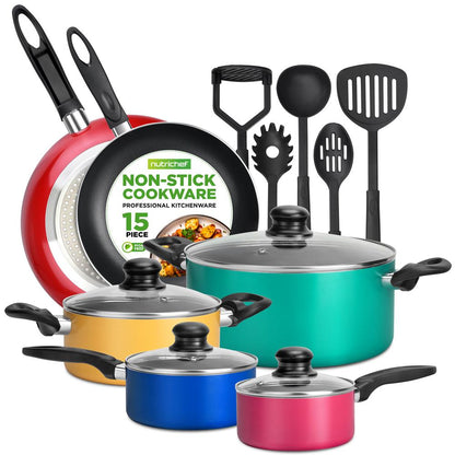 NutriChef 15-Piece Nonstick Cookware Set – Colorful Pots, Pans & Utensils NCCWCOR15