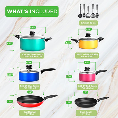 NutriChef 15-Piece Nonstick Cookware Set – Colorful Pots, Pans & Utensils NCCWCOR15