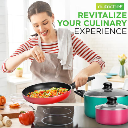 NutriChef 15-Piece Nonstick Cookware Set – Colorful Pots, Pans & Utensils NCCWCOR15