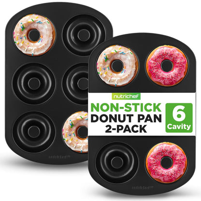 NutriChef 2-Pack Nonstick Donut Pans – 6-Cavity Carbon Steel Baking Molds NCDP2LGBK