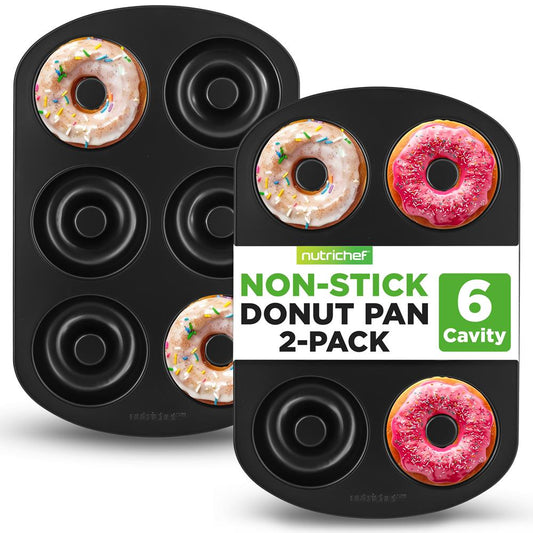 NutriChef 2-Pack Nonstick Donut Pans – 6-Cavity Carbon Steel Baking Molds NCDP2LGBK