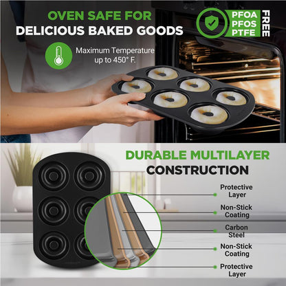NutriChef 2-Pack Nonstick Donut Pans – 6-Cavity Carbon Steel Baking Molds NCDP2LGBK