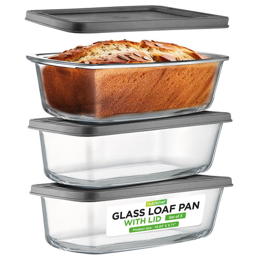 NutriChef 3-Pack Borosilicate Glass Loaf Pans with Lids – Oven, Microwave & Freezer Safe NCGL3LF