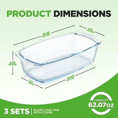 NutriChef 3-Pack Borosilicate Glass Loaf Pans with Lids – Oven, Microwave & Freezer Safe NCGL3LF