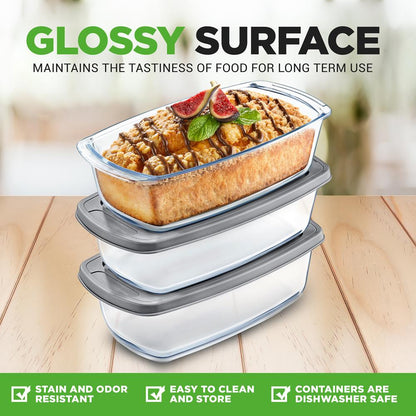 NutriChef 3-Pack Borosilicate Glass Loaf Pans with Lids – Oven, Microwave & Freezer Safe NCGL3LF