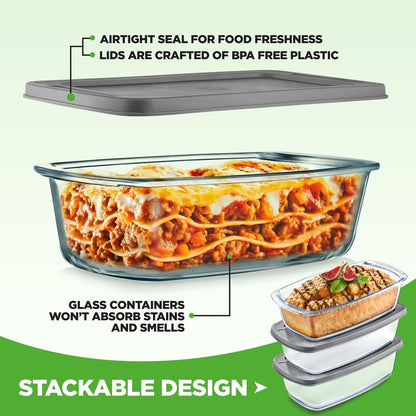 NutriChef 3-Pack Borosilicate Glass Loaf Pans with Lids – Oven, Microwave & Freezer Safe NCGL3LF