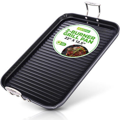 NutriChef Nonstick Double Burner Grill Pan – Hard-Anodized Aluminum, Dishwasher Safe, 20" x 13" NCGRP59