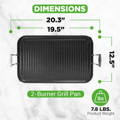 NutriChef Nonstick Double Burner Grill Pan – Hard-Anodized Aluminum, Dishwasher Safe, 20" x 13" NCGRP59