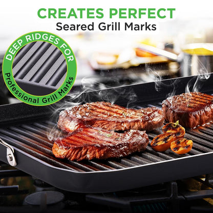 NutriChef Nonstick Double Burner Grill Pan – Hard-Anodized Aluminum, Dishwasher Safe, 20" x 13" NCGRP59