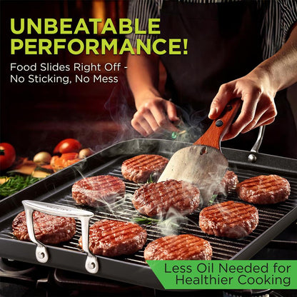 NutriChef Nonstick Double Burner Grill Pan – Hard-Anodized Aluminum, Dishwasher Safe, 20" x 13" NCGRP59
