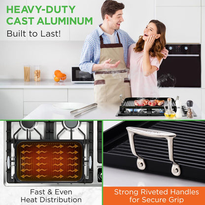 NutriChef Nonstick Double Burner Grill Pan – Hard-Anodized Aluminum, Dishwasher Safe, 20" x 13" NCGRP59