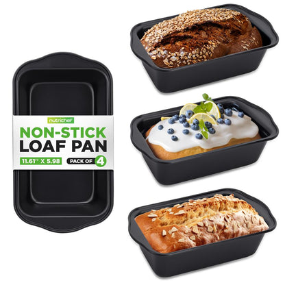 NutriChef 4-Piece Carbon Steel Nonstick Loaf Pan Set with Easy-Grip Handles NCLP4BK