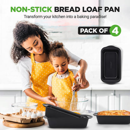 NutriChef 4-Piece Carbon Steel Nonstick Loaf Pan Set with Easy-Grip Handles NCLP4BK