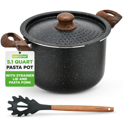 NutriChef 5.1 Qt Nonstick Pasta Pot with Strainer Lid & Fork NCMK2217