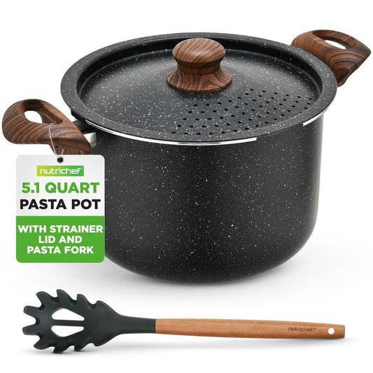 NutriChef 5.1 Qt Nonstick Pasta Pot with Strainer Lid & Fork NCMK2217