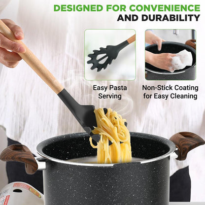 NutriChef 5.1 Qt Nonstick Pasta Pot with Strainer Lid & Fork NCMK2217