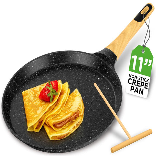 NutriChef 11″ Nonstick Crepe Pan with Wooden Spreader – Cool-Touch Handle, All Cooktops Compatible, Black NCMKCP002411BK