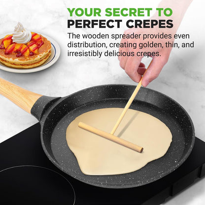 NutriChef 11″ Nonstick Crepe Pan with Wooden Spreader – Cool-Touch Handle, All Cooktops Compatible, Black NCMKCP002411BK