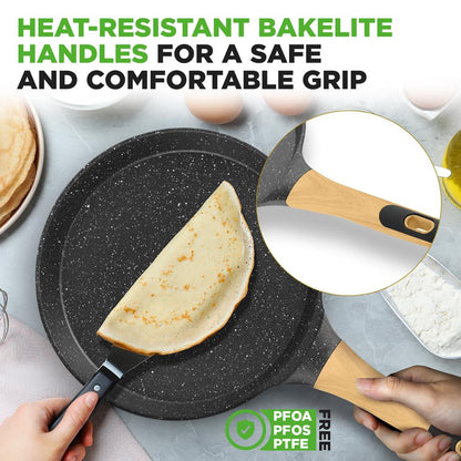 NutriChef 11″ Nonstick Crepe Pan with Wooden Spreader – Cool-Touch Handle, All Cooktops Compatible, Black NCMKCP002411BK