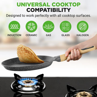 NutriChef 11″ Nonstick Crepe Pan with Wooden Spreader – Cool-Touch Handle, All Cooktops Compatible, Black NCMKCP002411BK
