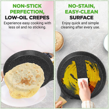 NutriChef 11″ Nonstick Crepe Pan with Wooden Spreader – Cool-Touch Handle, All Cooktops Compatible, Black NCMKCP002411BK