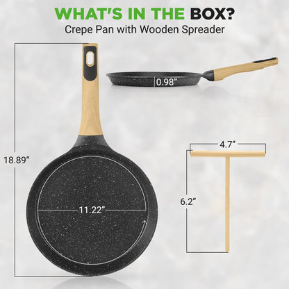 NutriChef 11″ Nonstick Crepe Pan with Wooden Spreader – Cool-Touch Handle, All Cooktops Compatible, Black NCMKCP002411BK