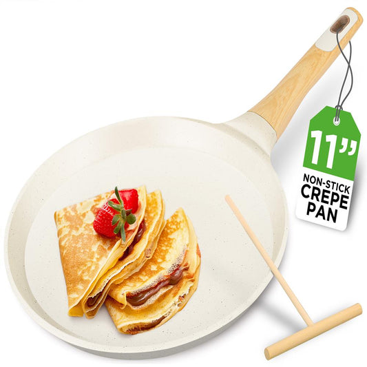 NutriChef White Nonstick Crepe Pan – Cool-Touch Handle, Includes Wooden Spreader NCMKCP002411WT