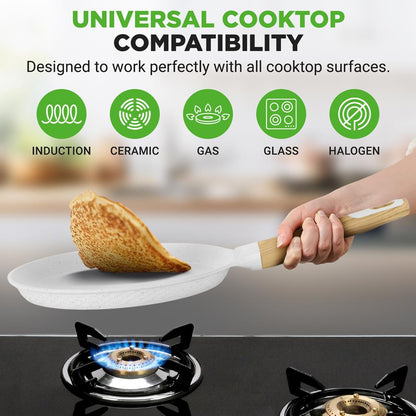 NutriChef White Nonstick Crepe Pan – Cool-Touch Handle, Includes Wooden Spreader NCMKCP002411WT