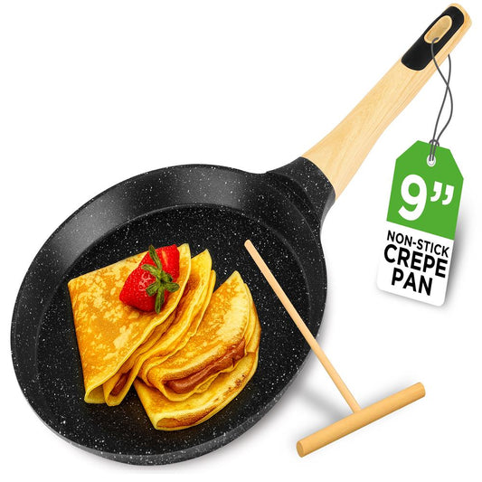 NutriChef 9.45″ Nonstick Crepe Pan with Wooden Spreader – Cool-Touch Handle, All Cooktops Compatible, Black NCMKCP0024BK