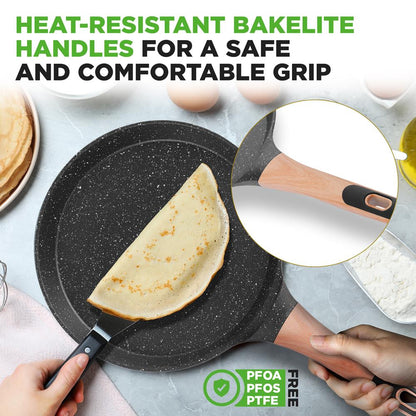 NutriChef 9.45″ Nonstick Crepe Pan with Wooden Spreader – Cool-Touch Handle, All Cooktops Compatible, Black NCMKCP0024BK