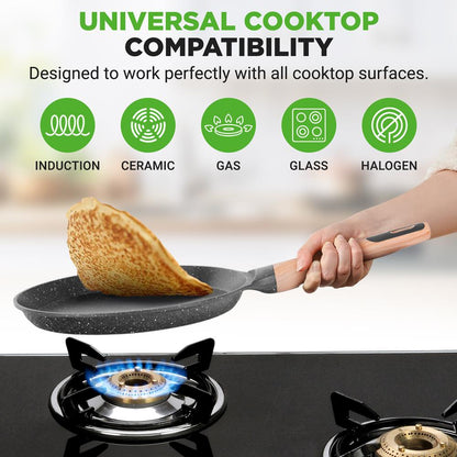 NutriChef 9.45″ Nonstick Crepe Pan with Wooden Spreader – Cool-Touch Handle, All Cooktops Compatible, Black NCMKCP0024BK