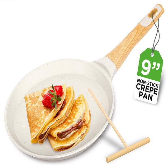 NutriChef 9.45″ Nonstick Crepe Pan with Wooden Spreader – Cool-Touch Handle, All Cooktops Compatible, White NCMKCP0024WT