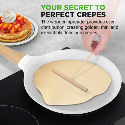 NutriChef 9.45″ Nonstick Crepe Pan with Wooden Spreader – Cool-Touch Handle, All Cooktops Compatible, White NCMKCP0024WT