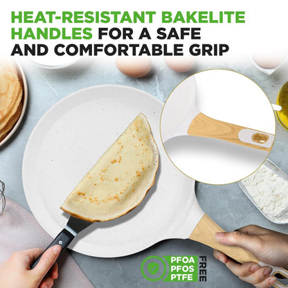 NutriChef 9.45″ Nonstick Crepe Pan with Wooden Spreader – Cool-Touch Handle, All Cooktops Compatible, White NCMKCP0024WT