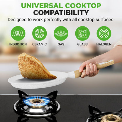 NutriChef 9.45″ Nonstick Crepe Pan with Wooden Spreader – Cool-Touch Handle, All Cooktops Compatible, White NCMKCP0024WT