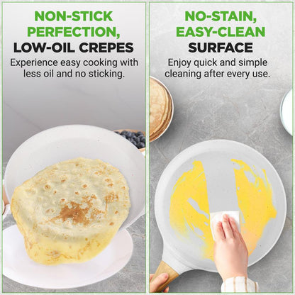 NutriChef 9.45″ Nonstick Crepe Pan with Wooden Spreader – Cool-Touch Handle, All Cooktops Compatible, White NCMKCP0024WT