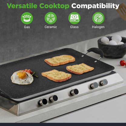 NutriChef Nonstick Double Burner Griddle with Bakelite Handles – Compatible with Gas, Ceramic, Glass & Halogen Cooktops NCMKGP5130