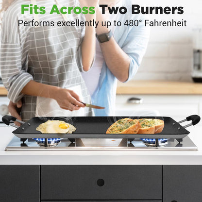 NutriChef Nonstick Double Burner Griddle with Bakelite Handles – Compatible with Gas, Ceramic, Glass & Halogen Cooktops NCMKGP5130