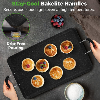 NutriChef Nonstick Double Burner Griddle with Bakelite Handles – Compatible with Gas, Ceramic, Glass & Halogen Cooktops NCMKGP5130