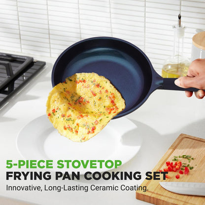NutriChef 5‑Piece Ceramic Nonstick Pan Set – Cool‑Touch Handles, Blue Diamond Finish NCMKSET5