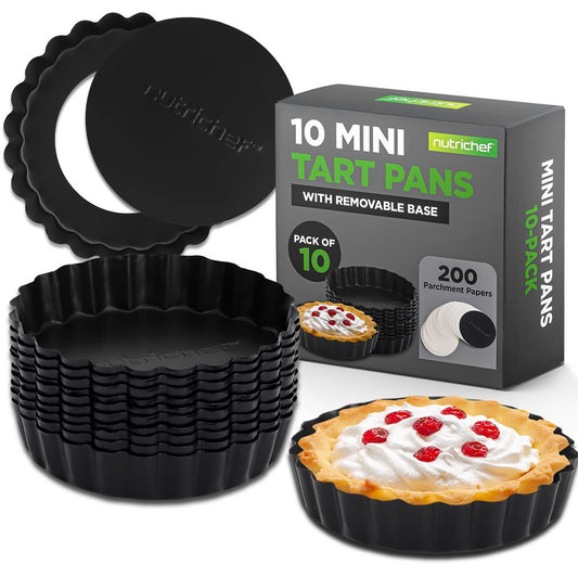 NutriChef 10-Piece Nonstick Mini Tart Pans with Removable Bottoms – 4-Inch Carbon Steel  + 200 Parchment Papers
 NCMTRT10BK