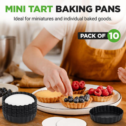 NutriChef 10-Piece Nonstick Mini Tart Pans with Removable Bottoms – 4-Inch Carbon Steel  + 200 Parchment Papers
 NCMTRT10BK