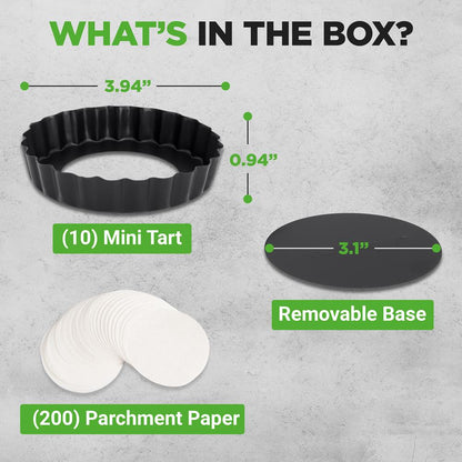 NutriChef 10-Piece Nonstick Mini Tart Pans with Removable Bottoms – 4-Inch Carbon Steel  + 200 Parchment Papers
 NCMTRT10BK