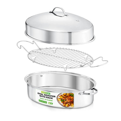 NutriChef Oval Stainless Steel Roasting Pan with Rack and Lid
 NCOAVL99
