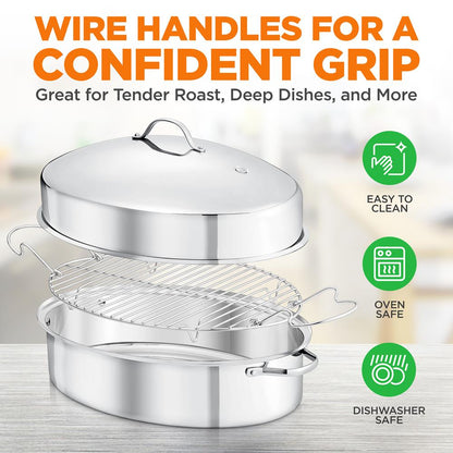 NutriChef Oval Stainless Steel Roasting Pan with Rack and Lid
 NCOAVL99